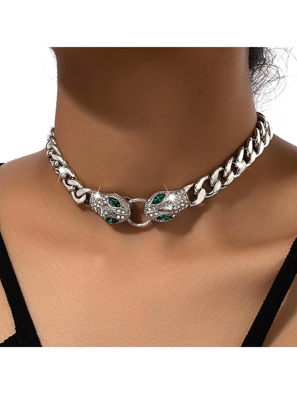 Silver Snake Head Chain Choker with Emerald Accents